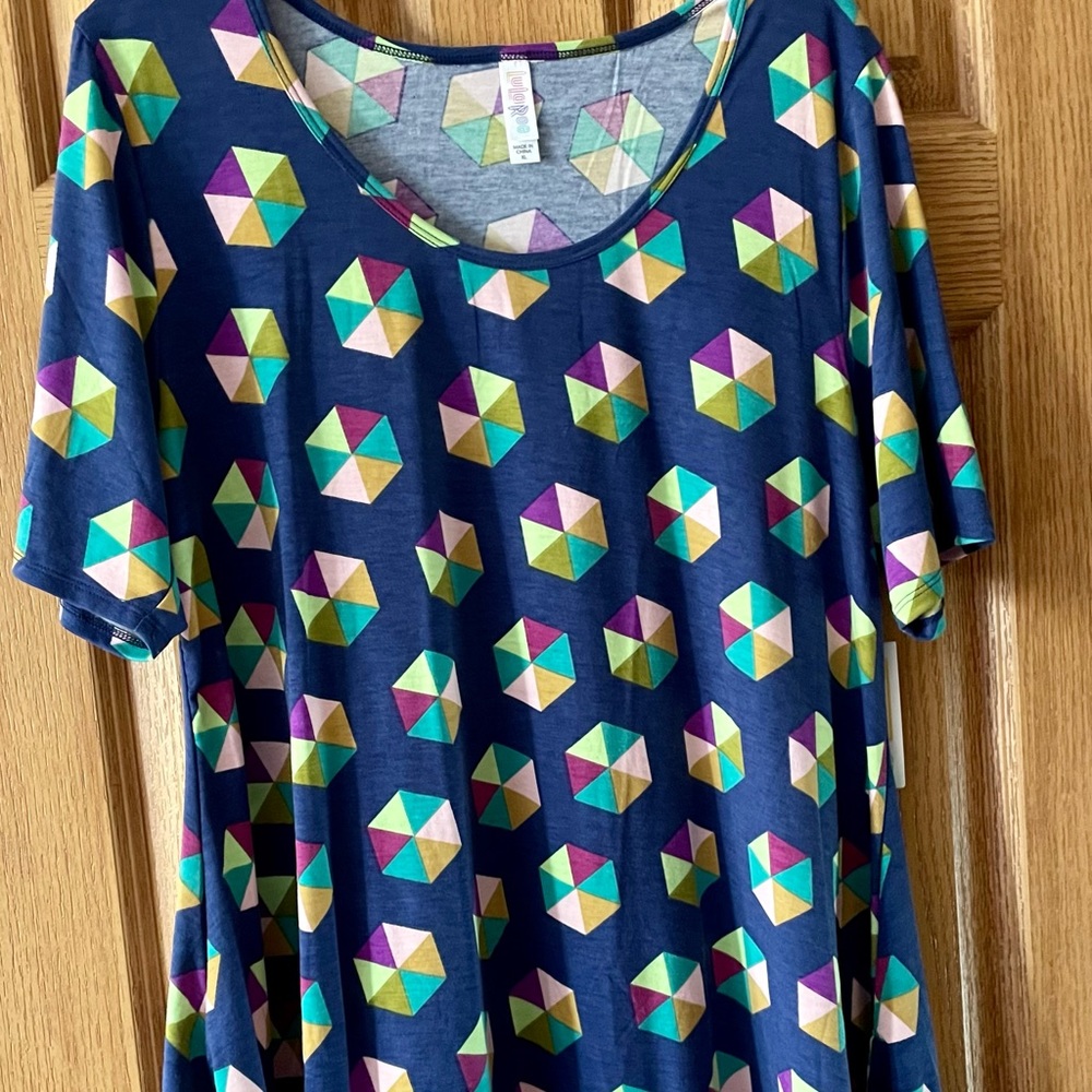 LuLaRoe Perfect T XL Blue with Multicolored Designs NWT